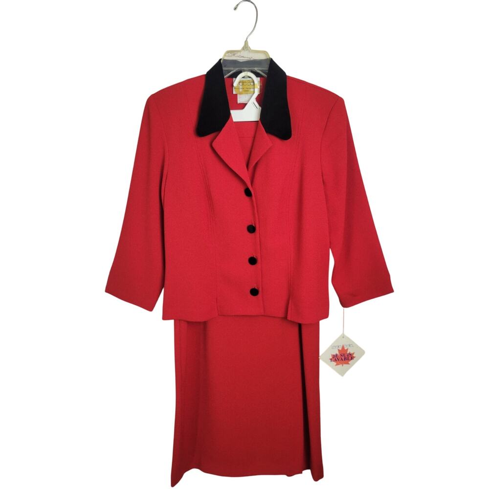Leslie Belle Red Black Velvet Collar 2-Piece Formal Work‎ Skirt & Jacket Size 8